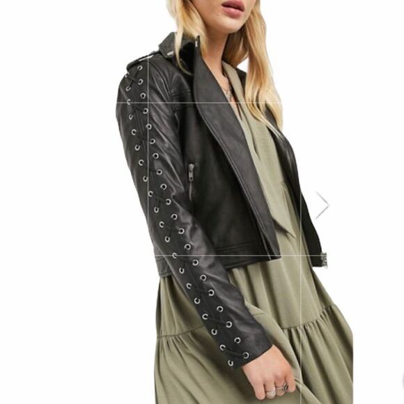 Lab London Black Leather Lattice Sleeve Jacket New Without Tag Exc Cond Sz Med - Picture 1 of 10